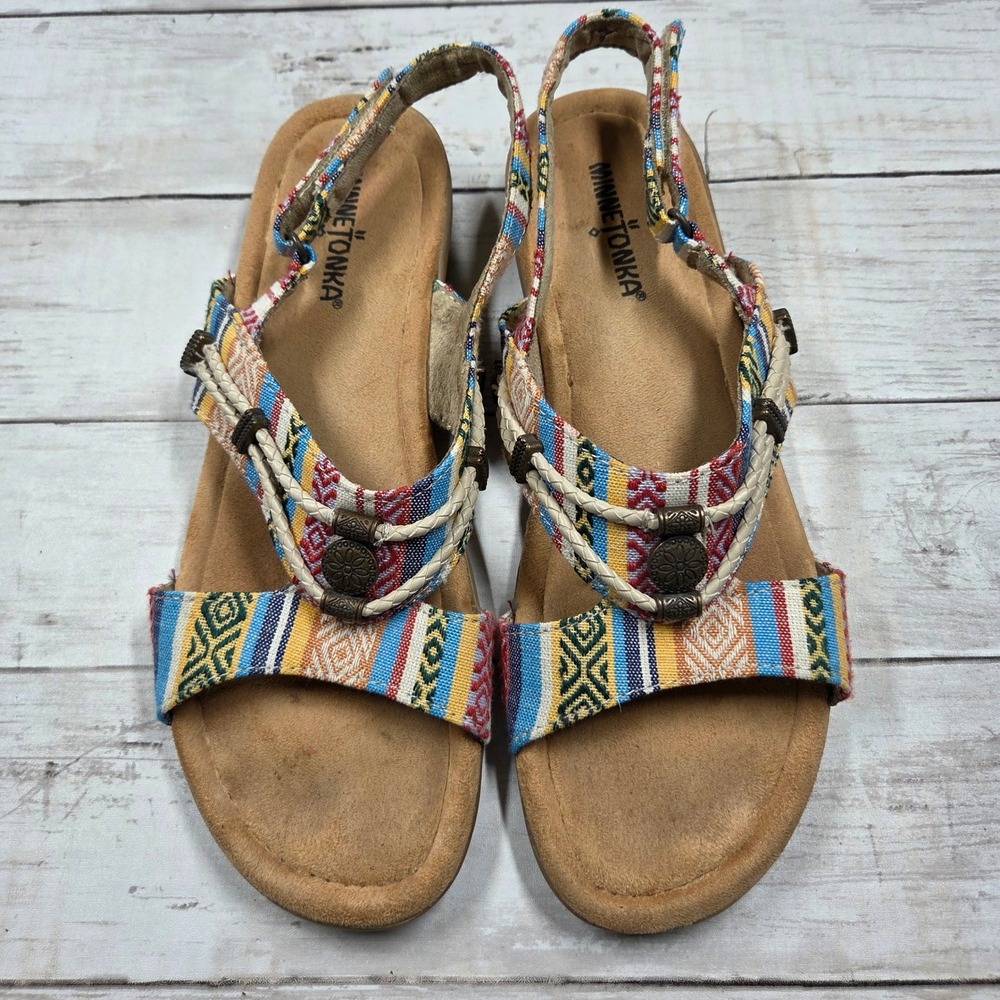 Minnetonka Sandal Women 10M Multicolor Southwestern Woven Slingback Wedge 799910